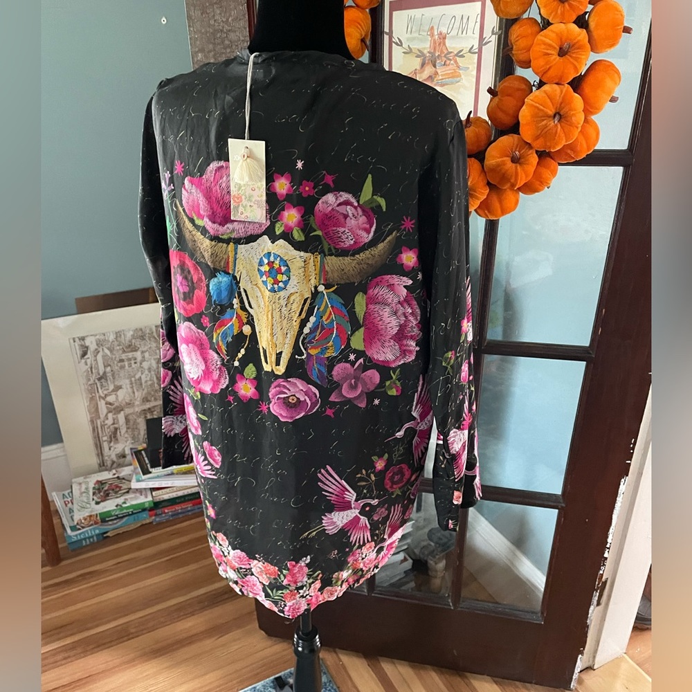 Johnny Was Graphic Black and Pink Long Sleeve Blouse